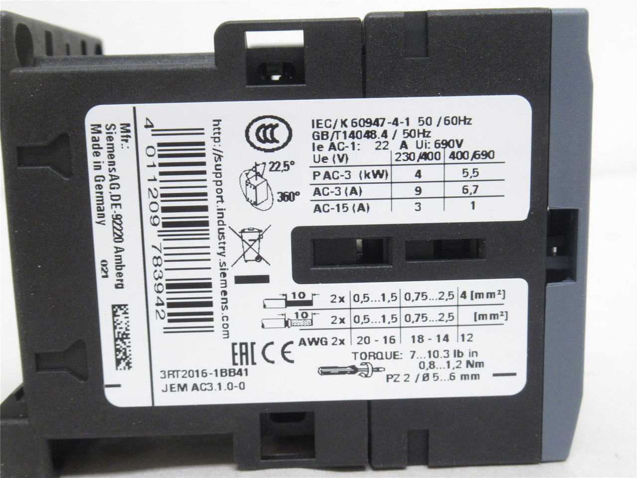 Siemens 3RT2016-1BB41; Contactor; 9A; 3P; 400VAC; Coil: 24VDC