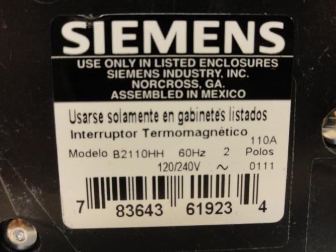Siemens B2110HH; Circuit Breaker; 2P; 110A; 120/240VAC