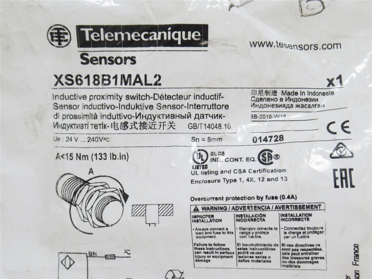 Telemecanique XS618B1MAL2; Prox Sensor; 240V; No Hardware