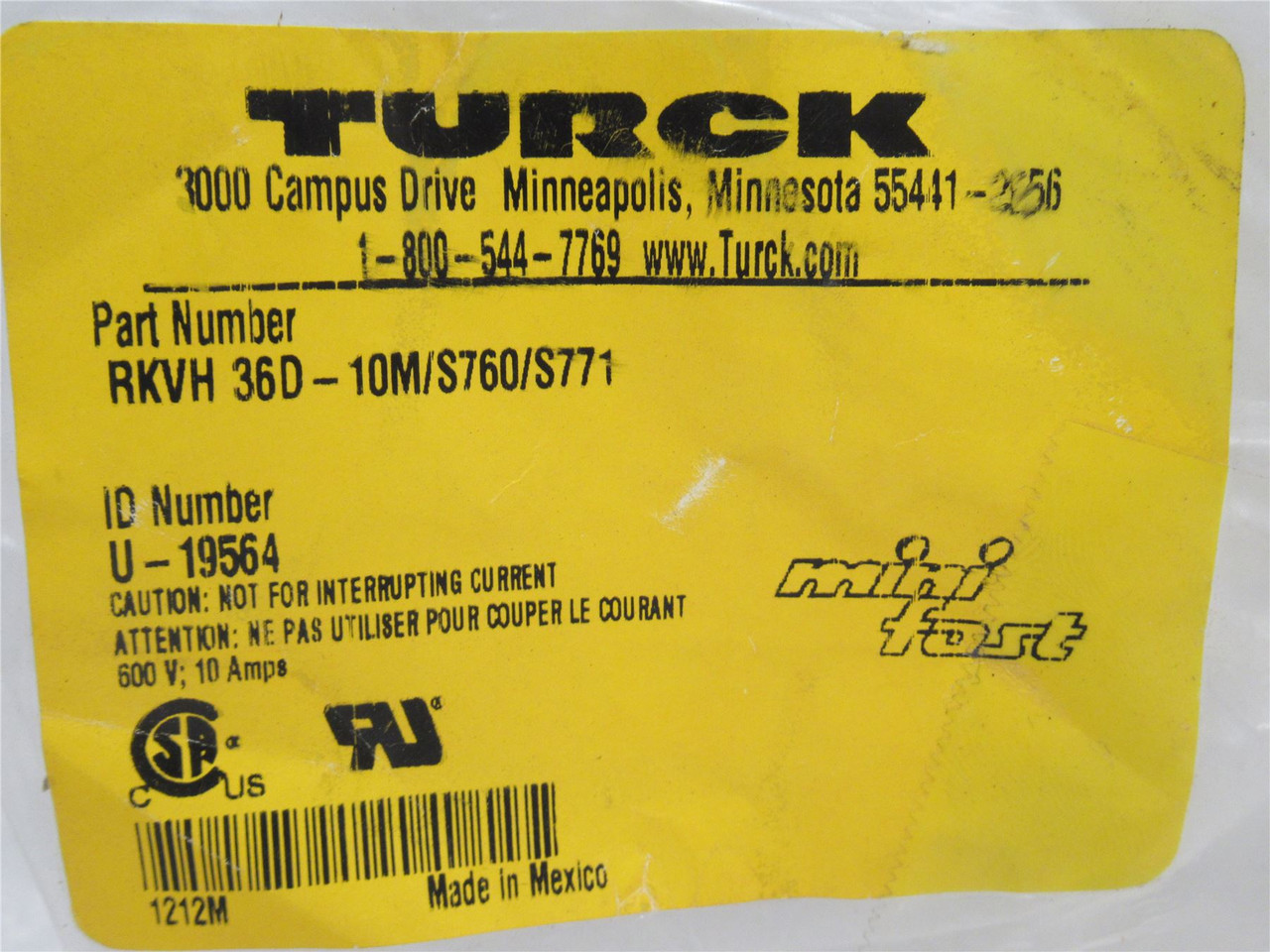 Turck RKVH 36D-10M/S760/S771; Mini-Fast Cordset U-19564; 10m
