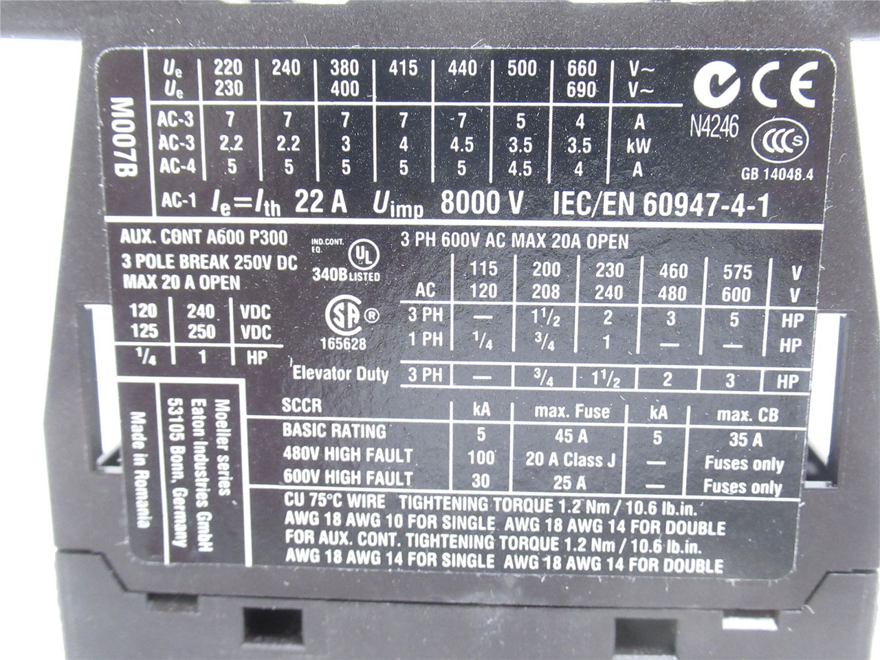 Eaton XTCE007B01TD; Contactor; 3P; 20A; 400VAC; 24VDC Coil