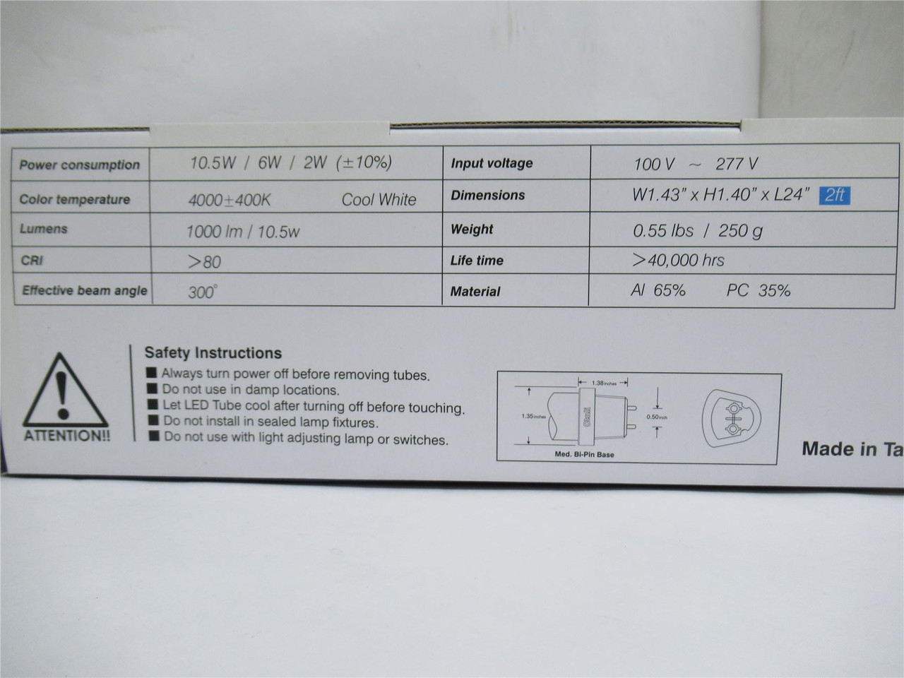 Otali T8/10.5W; Box-6 LED Bulbs 10.5W 2' Long Cool White