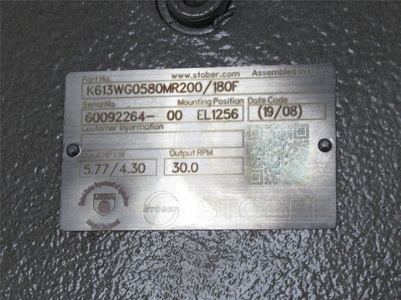 Stober K613WG0580MR200/180F; Gearbox 58:1 Ratio 30RPM out