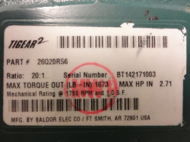 Baldor 26Q20R56; Tigear 2; Speed Reducer; 2.71HP; 20:1Ratio