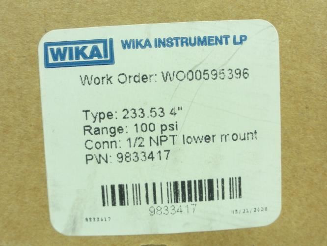Wika 9833417; Pressure Gauge; 0-100PSI; 1/4"NPT