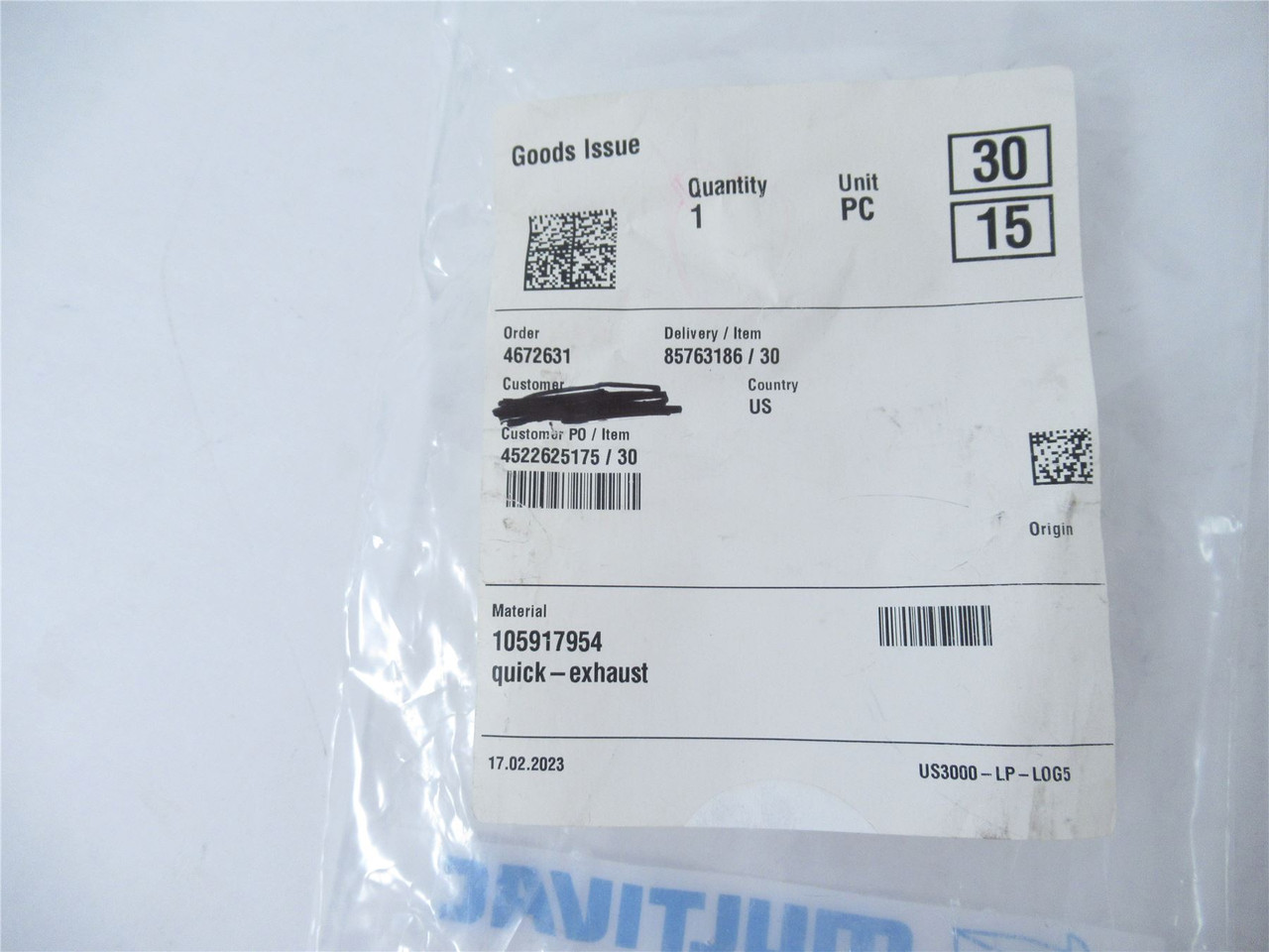 Multivac 80.275.1112.15; Quick Exhaust Valve SPG/96130; 8BAR