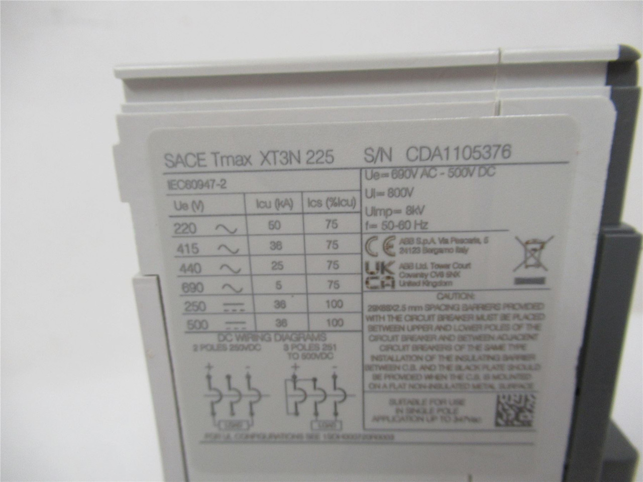 ABB XT3NU3225AFF000XXX; Circuit Breaker 3P 225AMP 600V TMAX