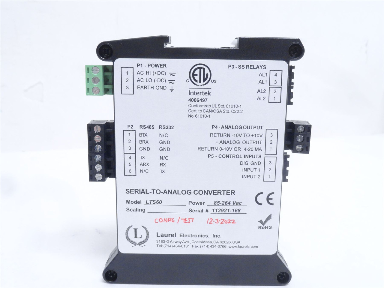 Laurel LTS60; Serial-Analog Converter; 52-264VAC; RS232/RS485