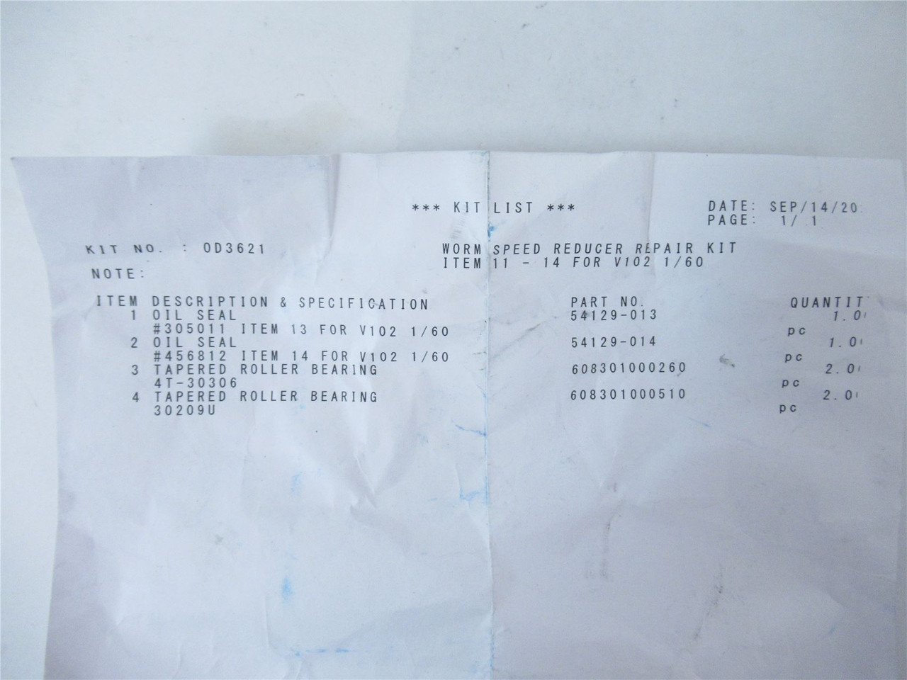 Cryovac ZFUROD-3621; Worm Speed Reducer Repair Kit #0D3621