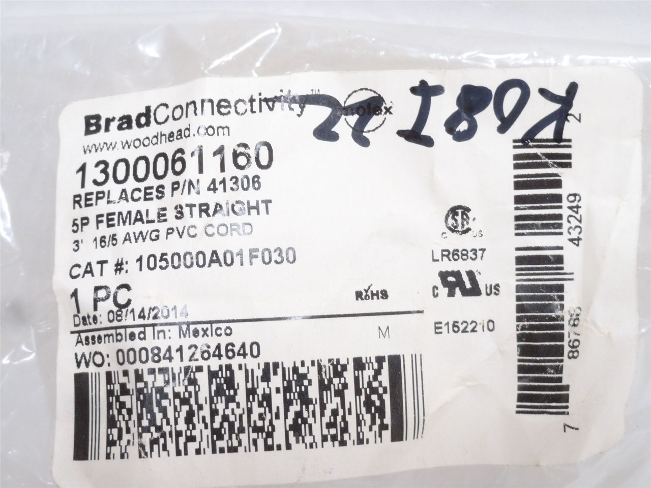 Woodhead 1300061160; Single Ended Cordset; 5 Pole; 3' Long