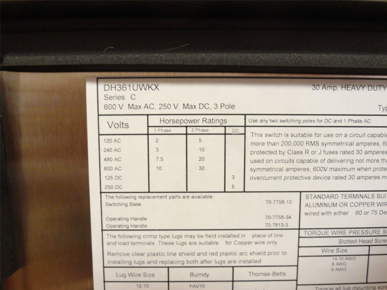 Eaton DH361UWKX; Single-Throw Non-Fused Safety Switch SS 30A