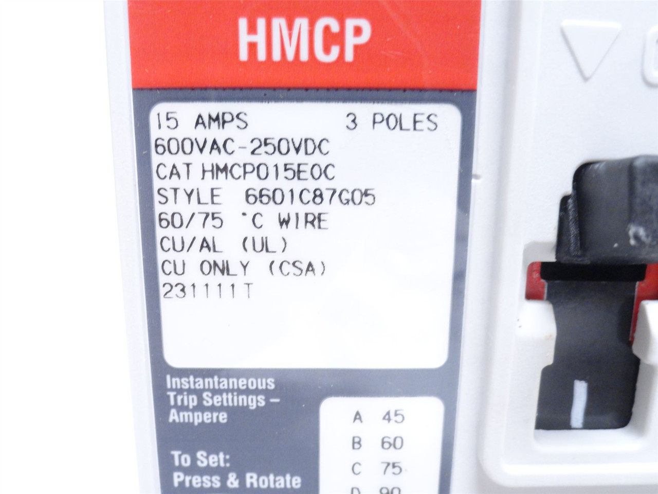 Eaton HMCP015E0C; Circuit Breaker; 15A; 3P; 600VAC/250VDC