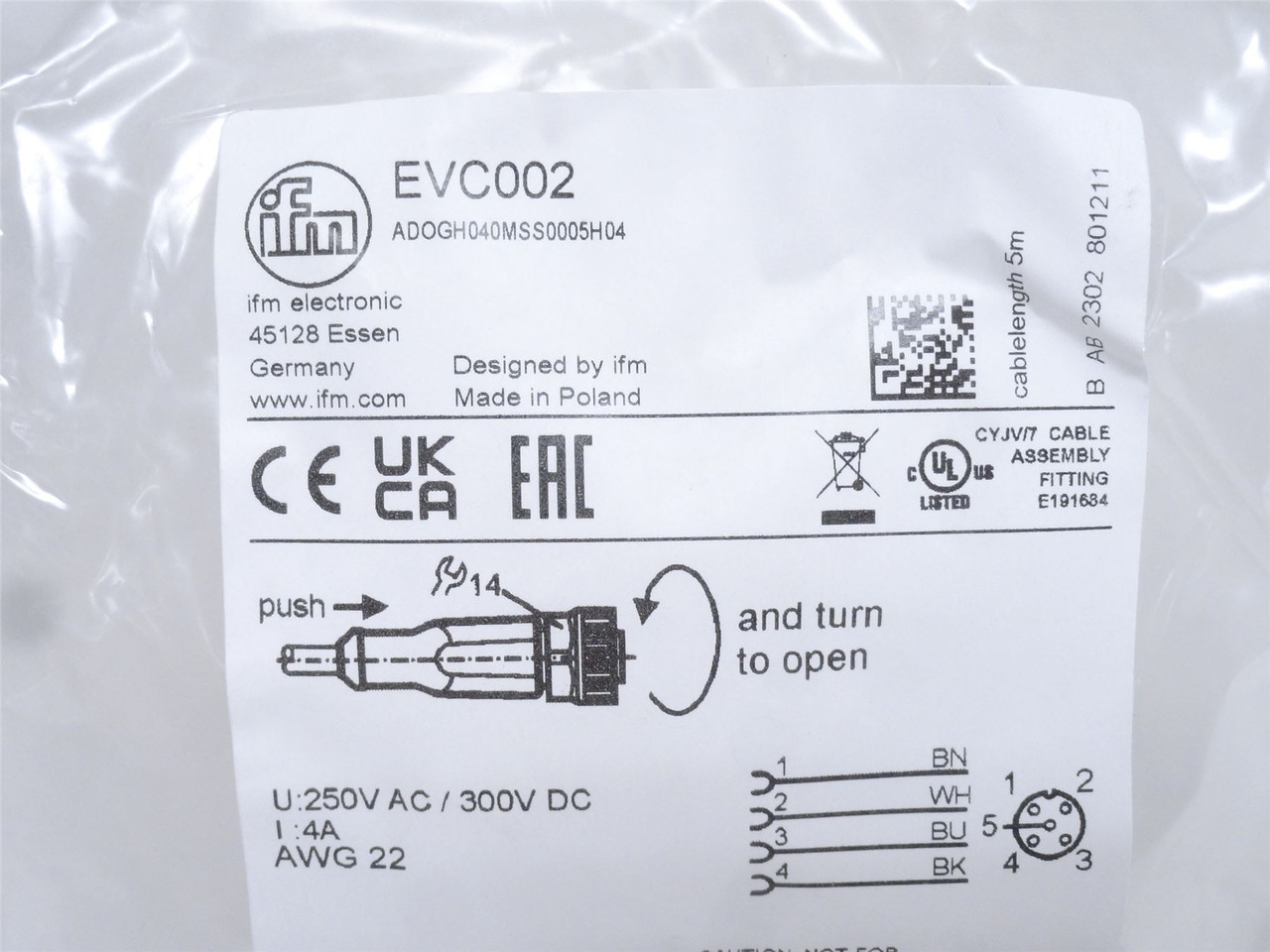 ifm EVC002; Straight Female Cordset; 5-Pin; 250VAC/300VDC
