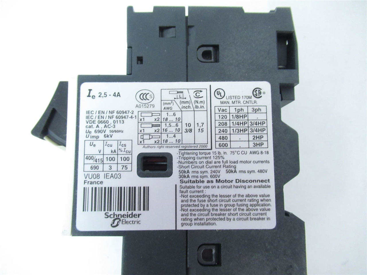 Telemecanique GV2ME08; Manual Starter 2.5-4A 600VAC