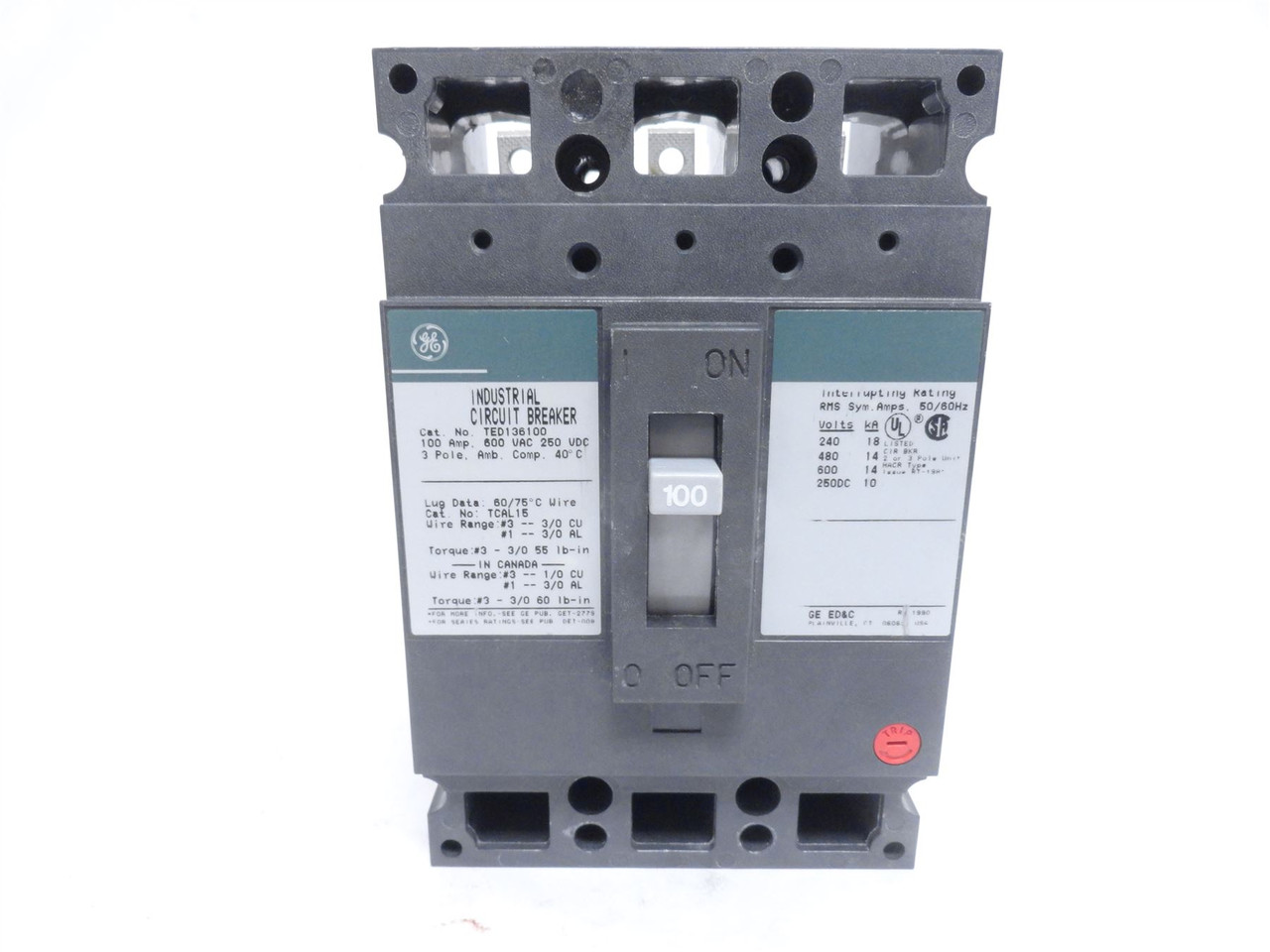 GE TED136100; Circuit Breaker; 100 Amp; 3P; 120/240/277/480VAC
