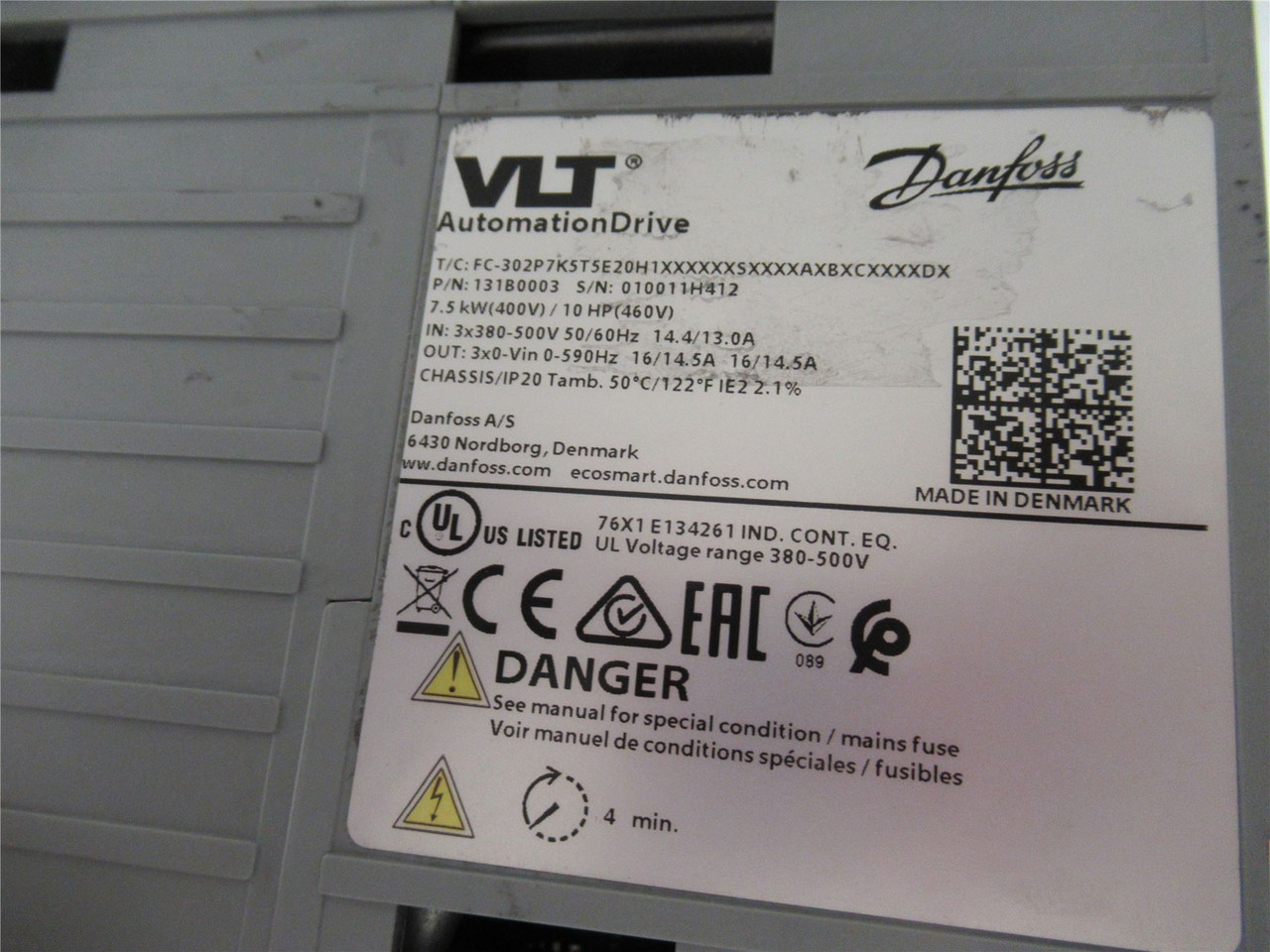 Danfoss FC302 VLT 131B0003;  Drive 7.5KW/10HP (Missing Panel)