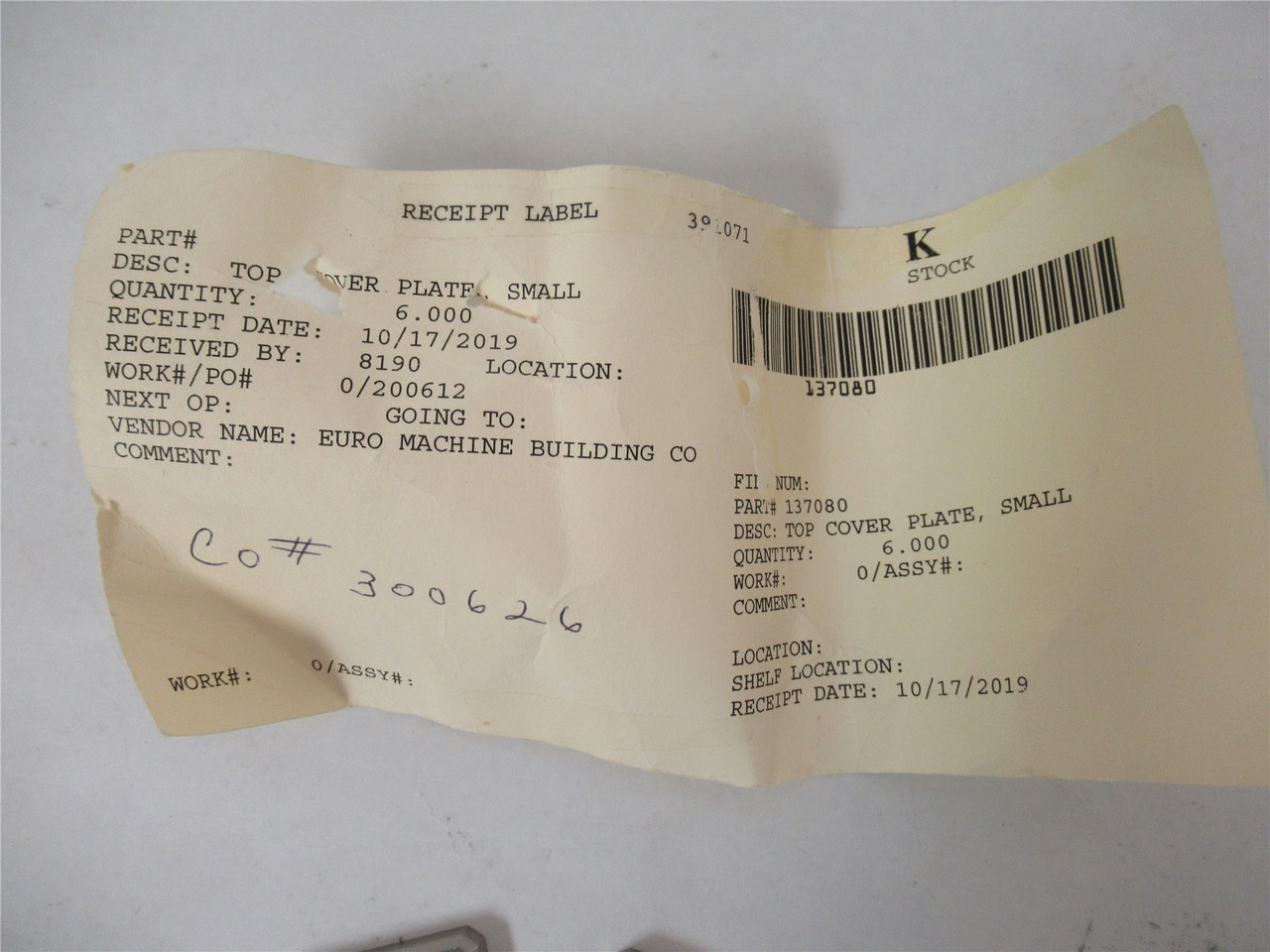 Euro Machine Bldg 137080; Lot-4 Top Cover Plate Small