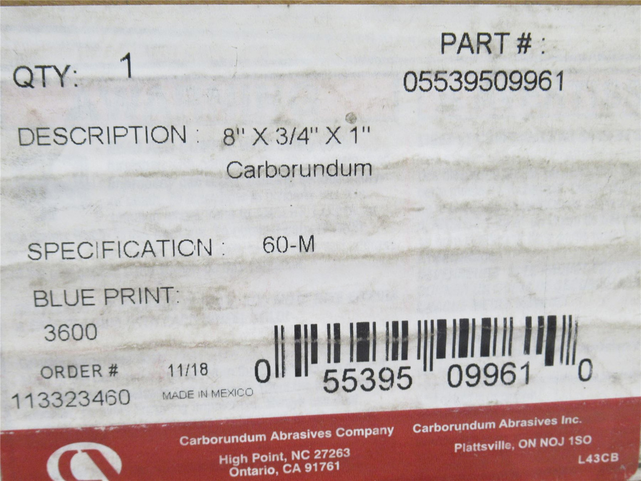 Carborundum CRB-05539509961; Grinder Wheel 8"OD x 3/4"ID x1"W