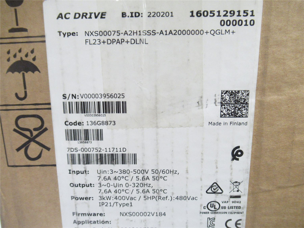 Vacon 136G7980; AC Drive 5HP 480V NXS00075-A2H1SSS-A1A2000000