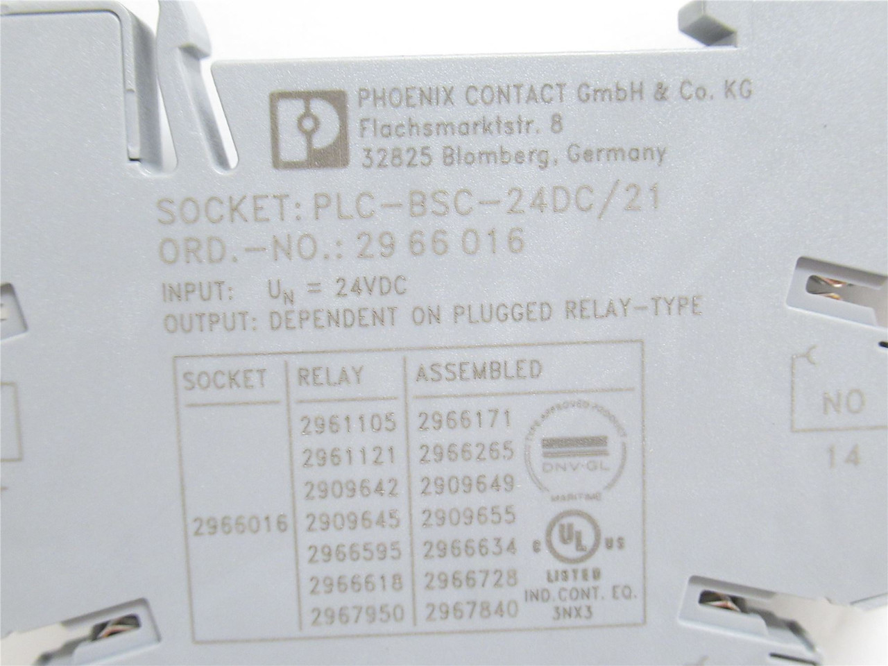 Phoenix PLC-BSC-24DC/21; Relay Socket 2966016; 24VDC; 5-Pin
