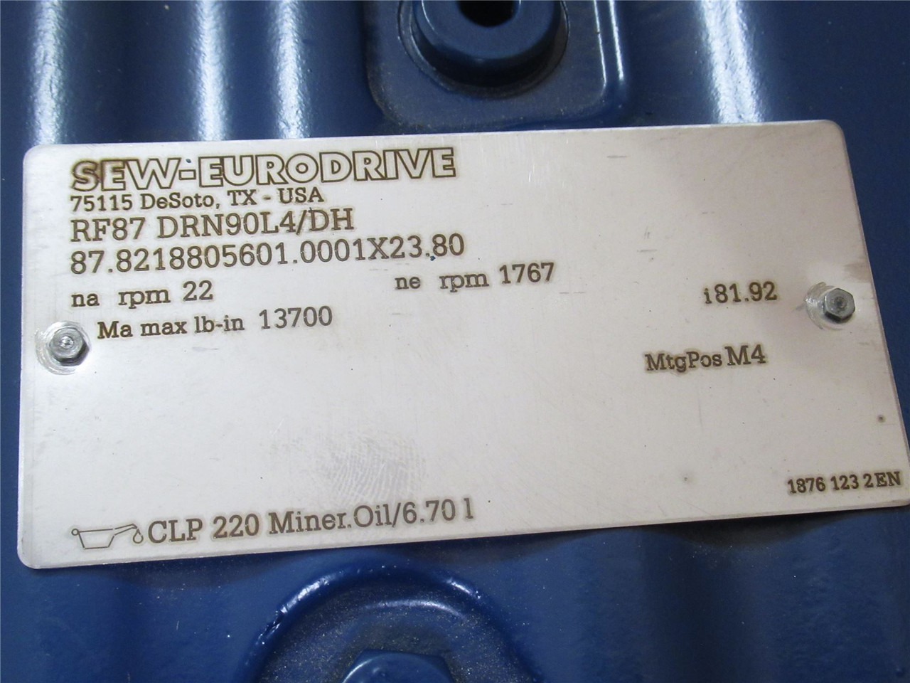 SEW RF87 DRN90L4/DH; AC Gearmotor; 82:1 Ratio; 2HP; 230/460V