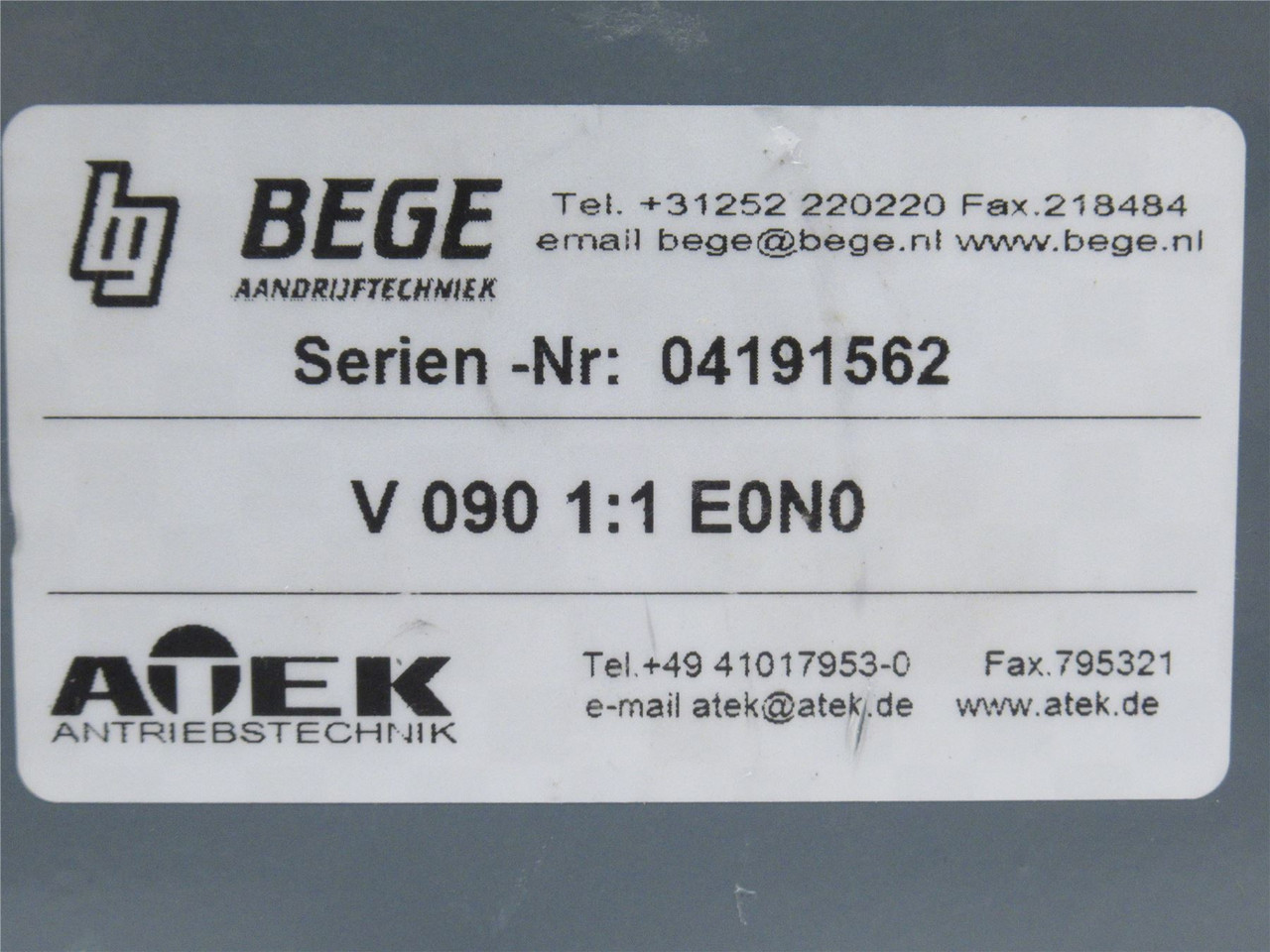 Bege V 090 1:1 E0NO; Bevel Gear Drive; RA; 1:1 Ratio