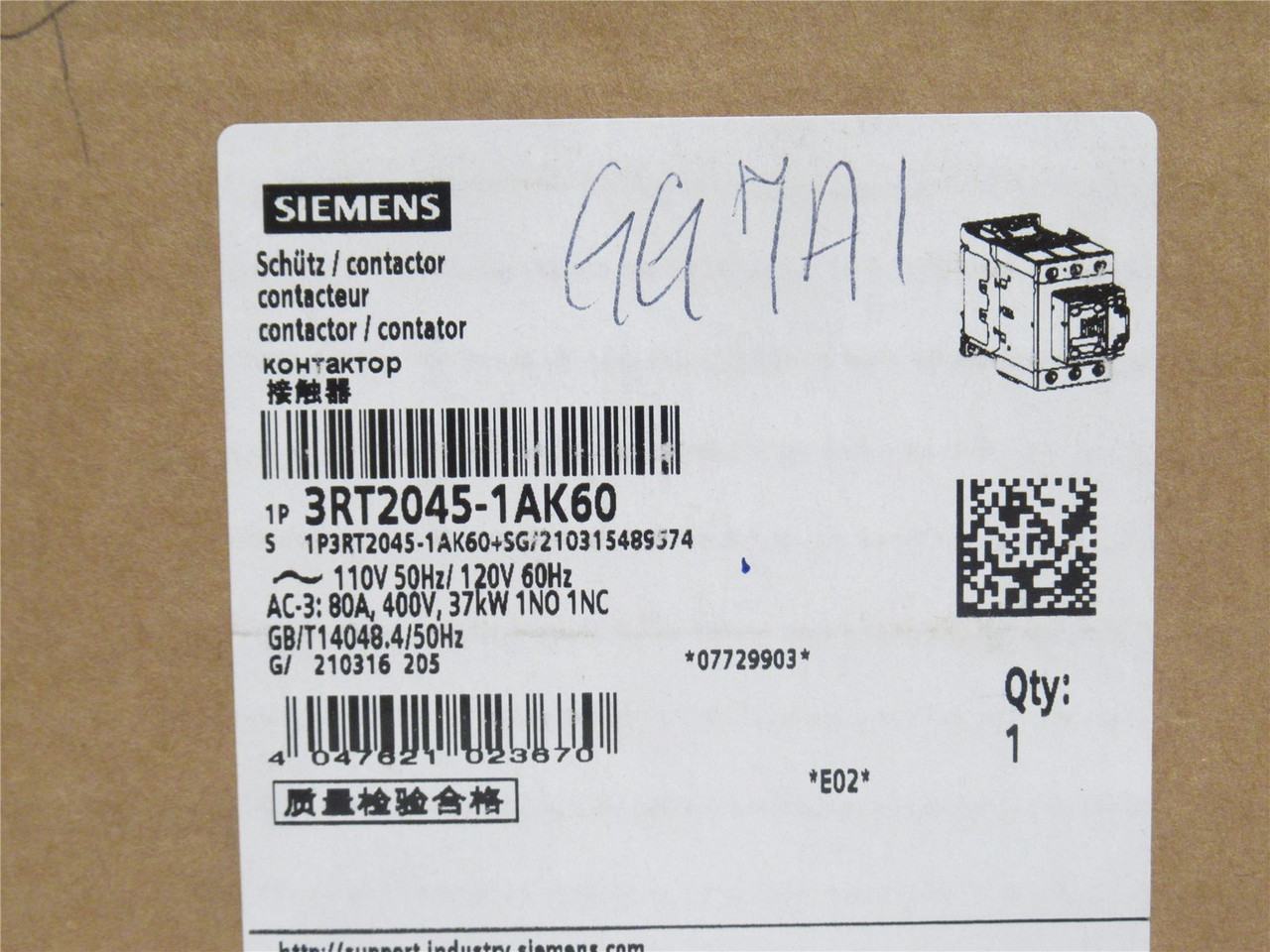 Siemens 3RT2045-1AK60; Contactor 80A; 3P; 400VAC; Coil: 120V