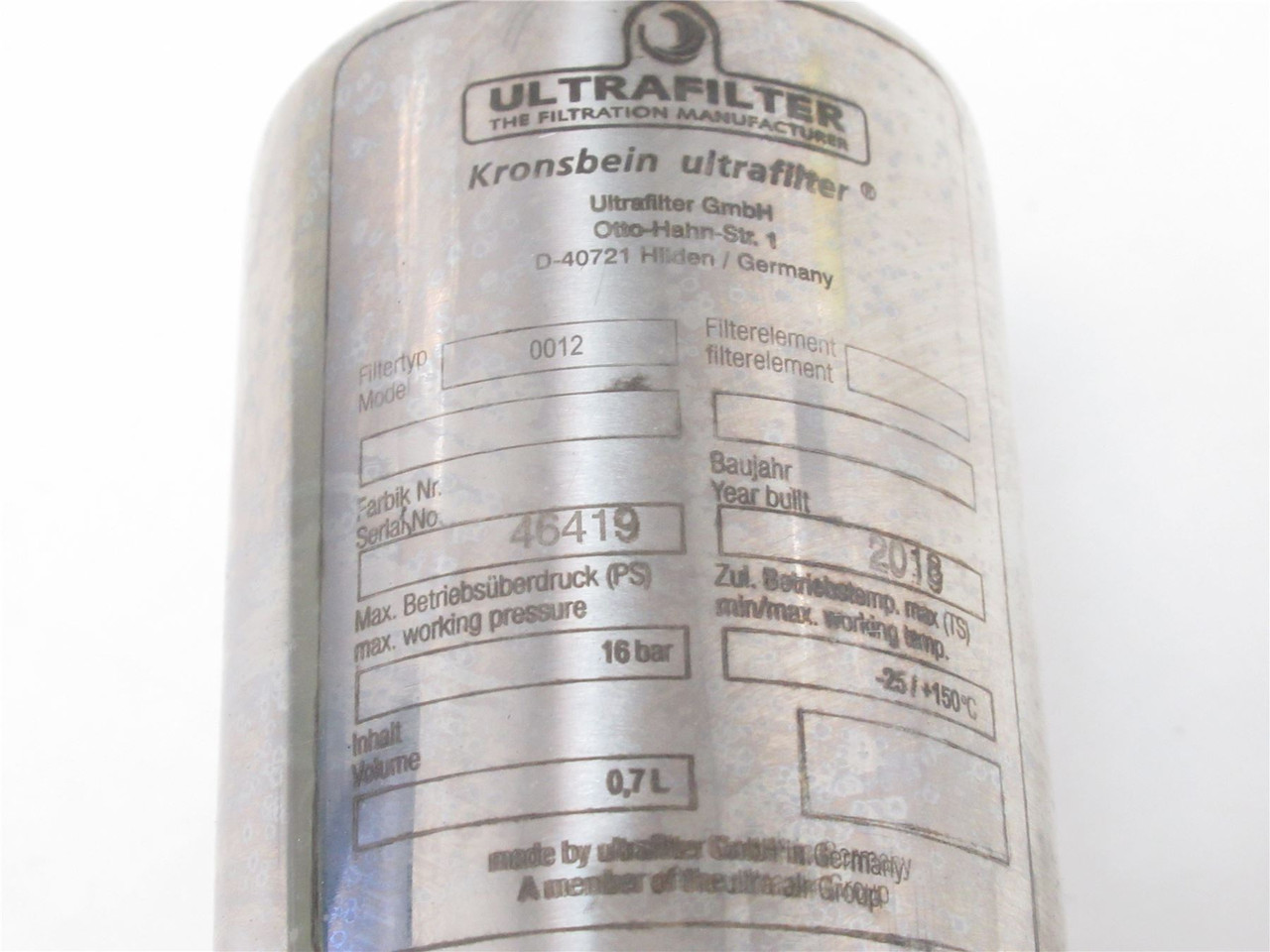 UltraFilter 12; Filter Housing; SS; 1/2" NPT; 16bar