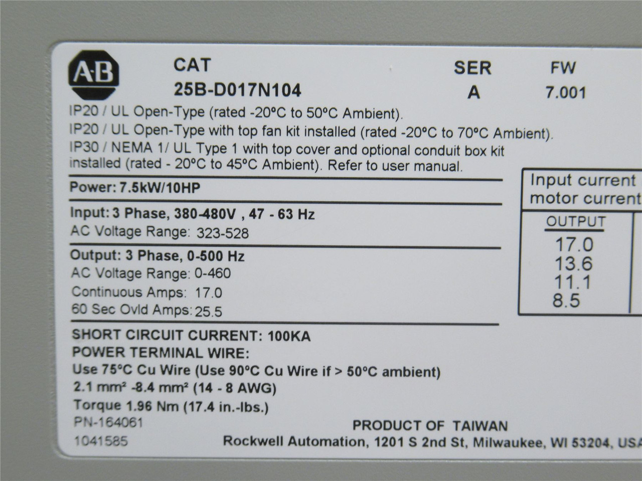 Allen-Bradley 25B-D017N104; AC Drive; 10HP / 7.5 kW; 380/480V