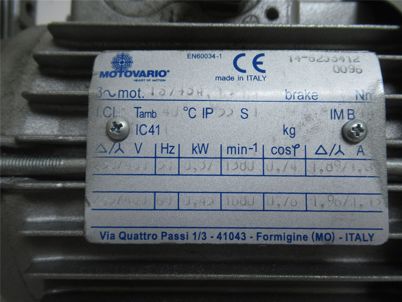 Motovario NMRV 050; AC Gearmotor; 15:1 Ratio; 1.1kW; 165/460V