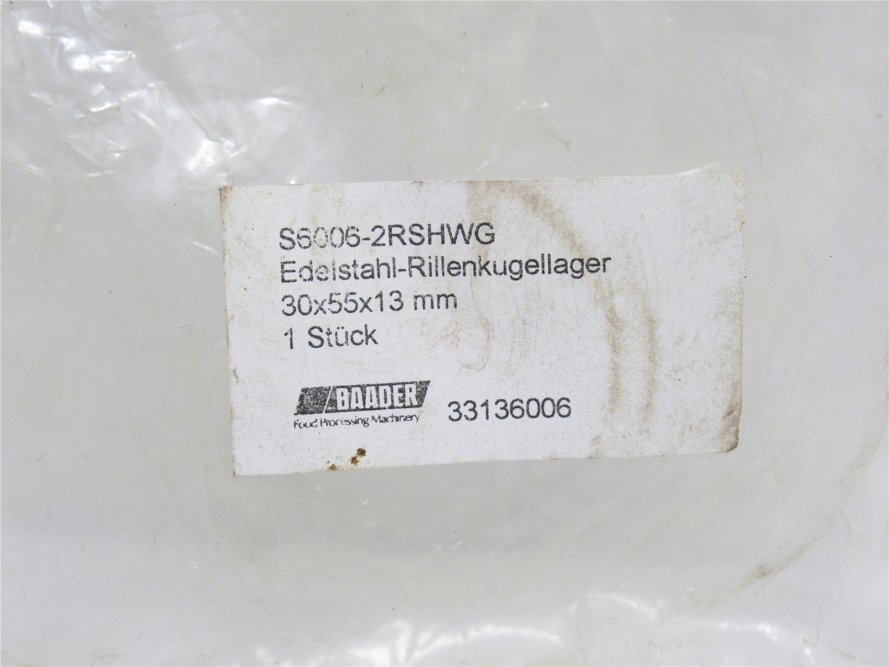 Baader S6006-2RSHWG; Food Grade Ball Bearing 30mmID x 55mmOD