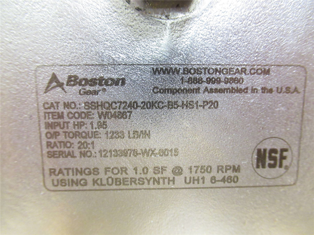 Boston Gear SSHQC7240-20KC-B5-HS1-P20; Gearbox SS; 20:1 Ratio