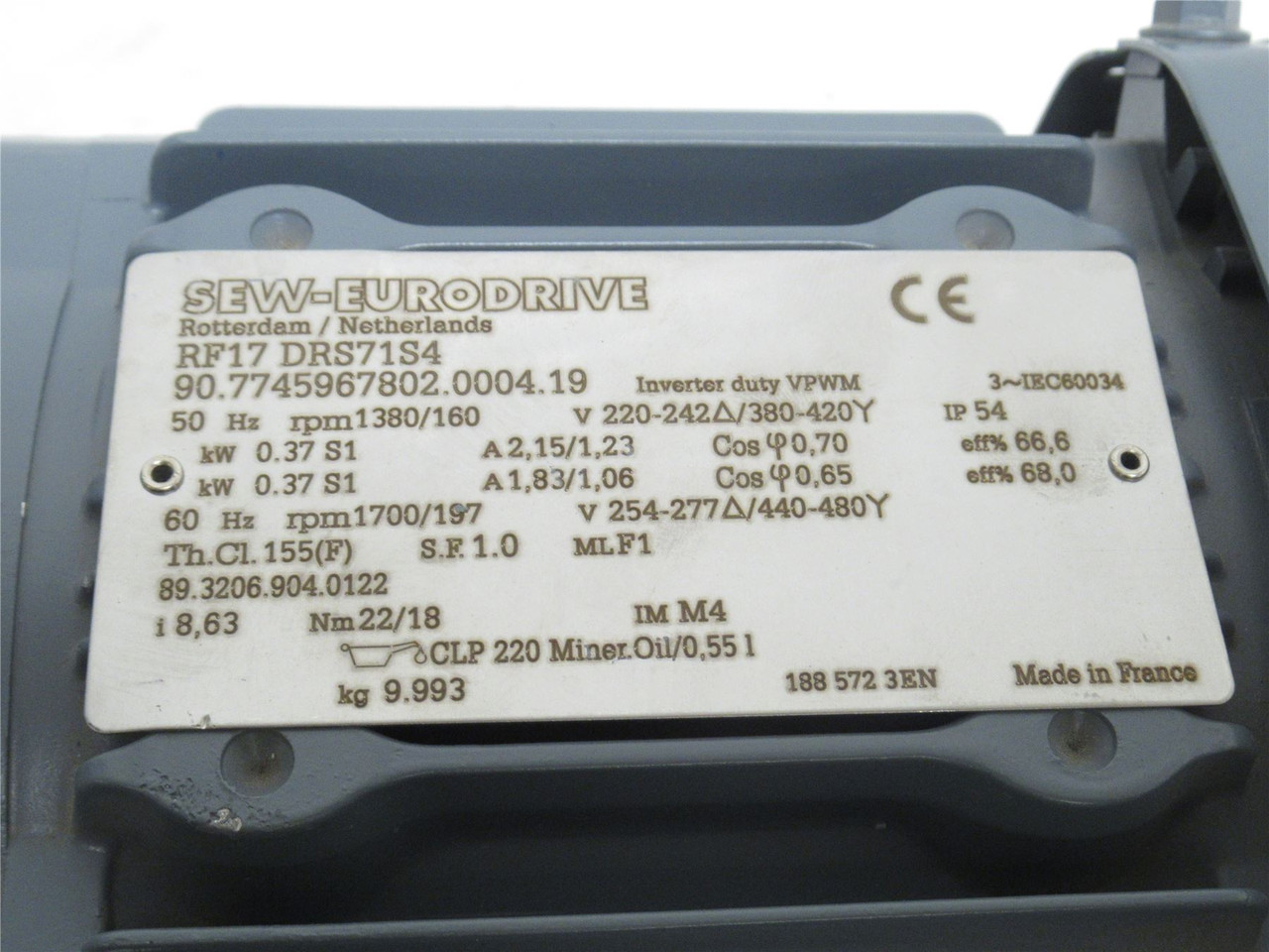 SEW RF17 DRS71S4; AC Gearmotor 8.6:1 Ratio; 440-480V; 60HZ