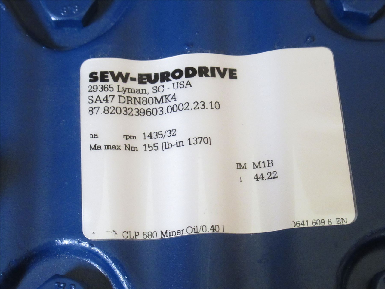 SEW SA47 DRN80MK4; AC Gearmotor 44:1 Ratio; 3/4HP; 230/400V