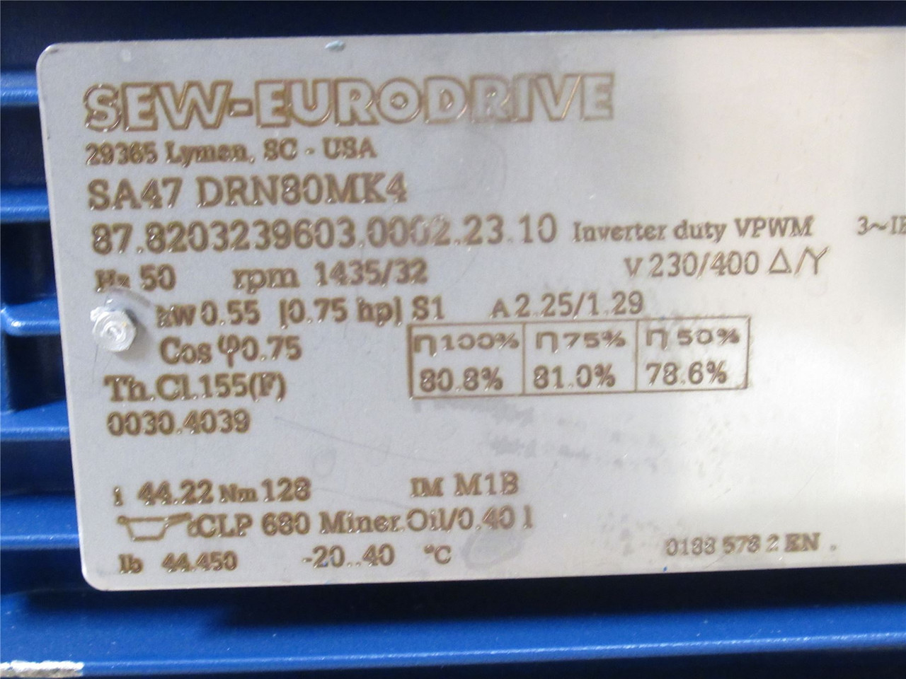 SEW SA47 DRN80MK4; AC Gearmotor 44:1 Ratio; 3/4HP; 230/400V