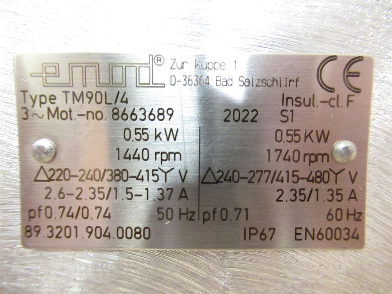 Emod TM90L/4; Wired AC Motor; 0.55kW; 415-480V; 1740RPM; 3PH