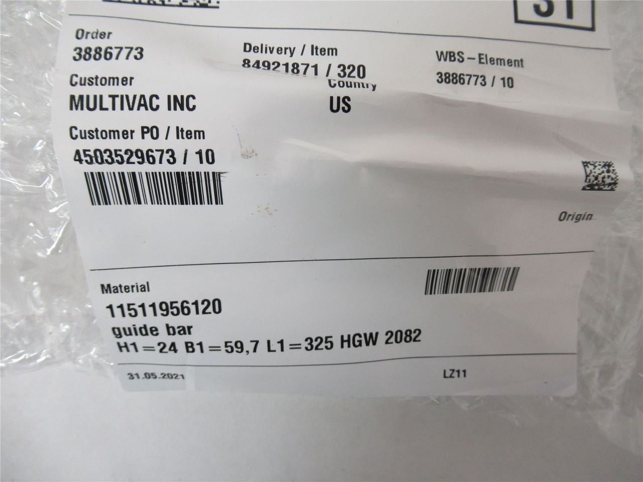 Multivac 11511956120; Guide Bar 24mmx59mmx325mm