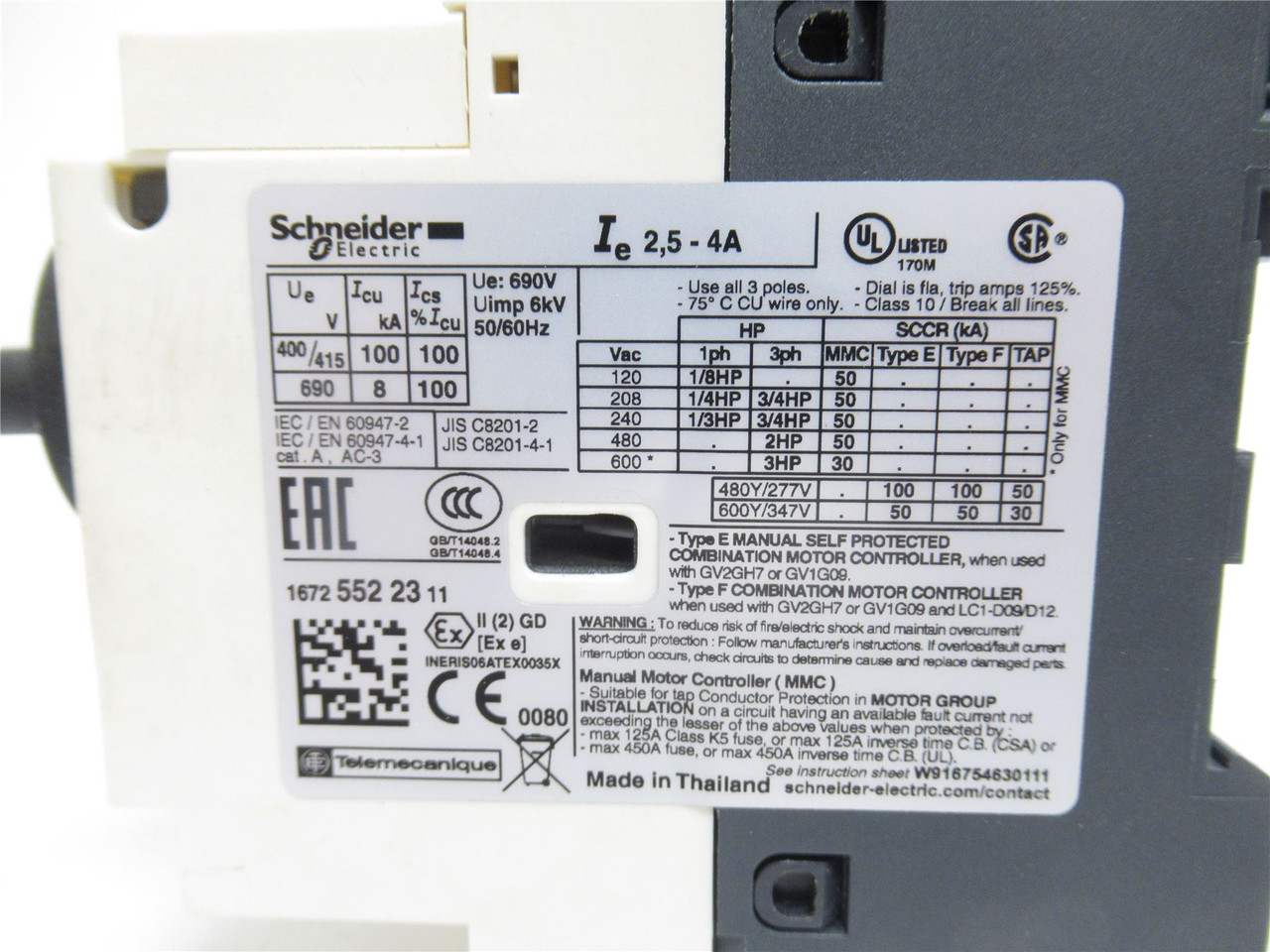 Schneider GV2P08; Motor Protector; 2.5-4A; 3P; 600VAC