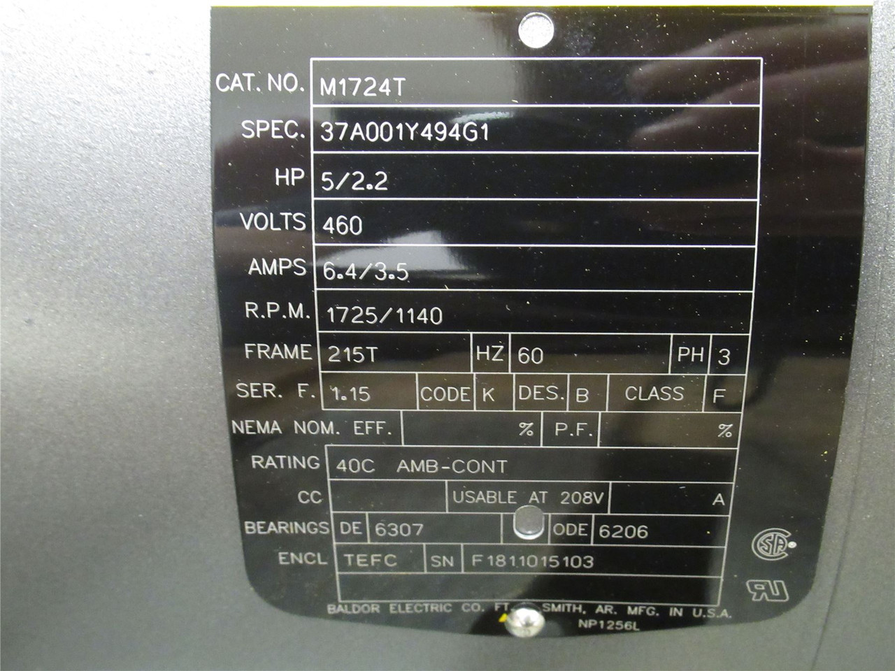 Baldor M1724T; Two Speed Motor; 5/2.2HP; 460VAC; 1725/1140RPM