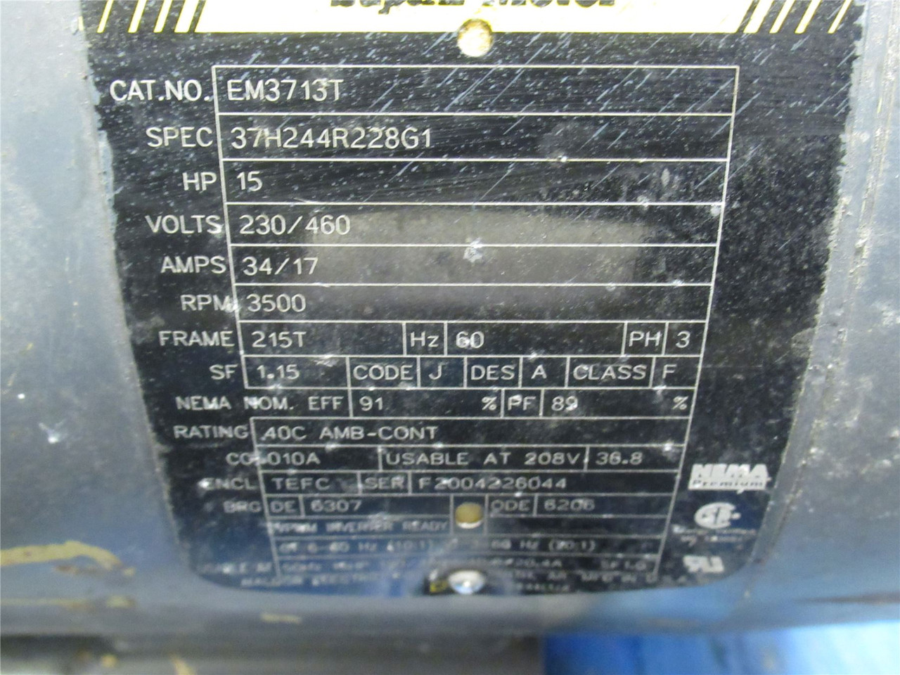 Baldor EM3713T; AC Motor; 15HP; 208-230/460V; 3500RPM; 3PH