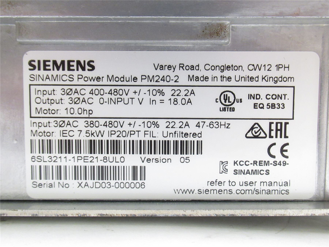 Siemens 6SL3211-1PE21-8ULO; Power Module; Unfiltered; 480VAC