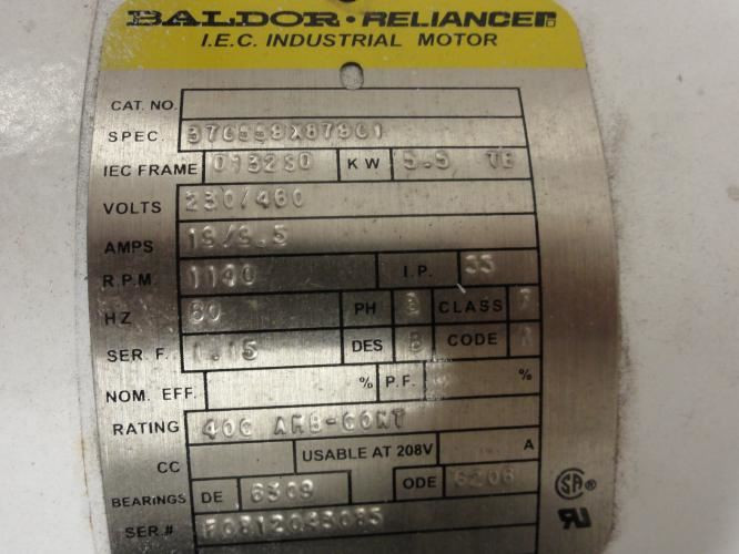 Baldor 37C558X878C1; AC Motor; 7.5HP; 230/480V; 1190RPM; 3PH