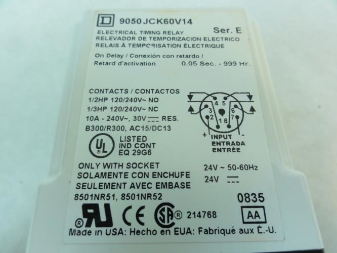 Square D 9050JCK60V14; Plug-In Timer; 0.05sec - 999hrs; 24VAC/DC