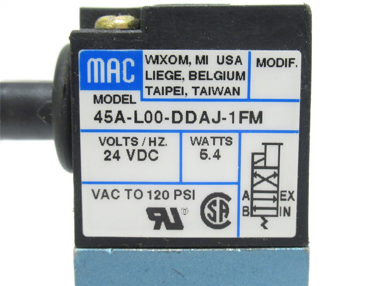 MAC 45A-L00-DDAJ-1FM; Solenoid Valve; 0-120PSI; 24VDC; 6.4W