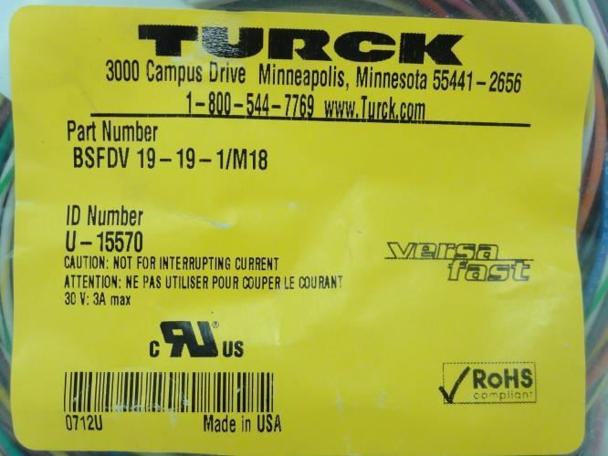 Turck BSFDV 19-19-1/M18; Male Receptacle; 30VAC/DC; 1M Length