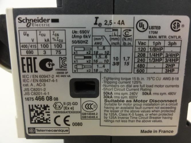 Schneider GV2ME08; Manual Starter; 2.54A; 690VAC
