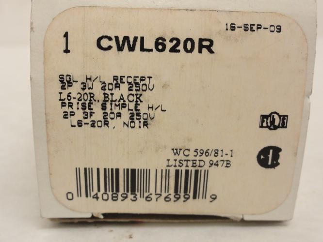 Cooper CWL620R; Black Locking Receptacle; 20A; 240VAC; 2P