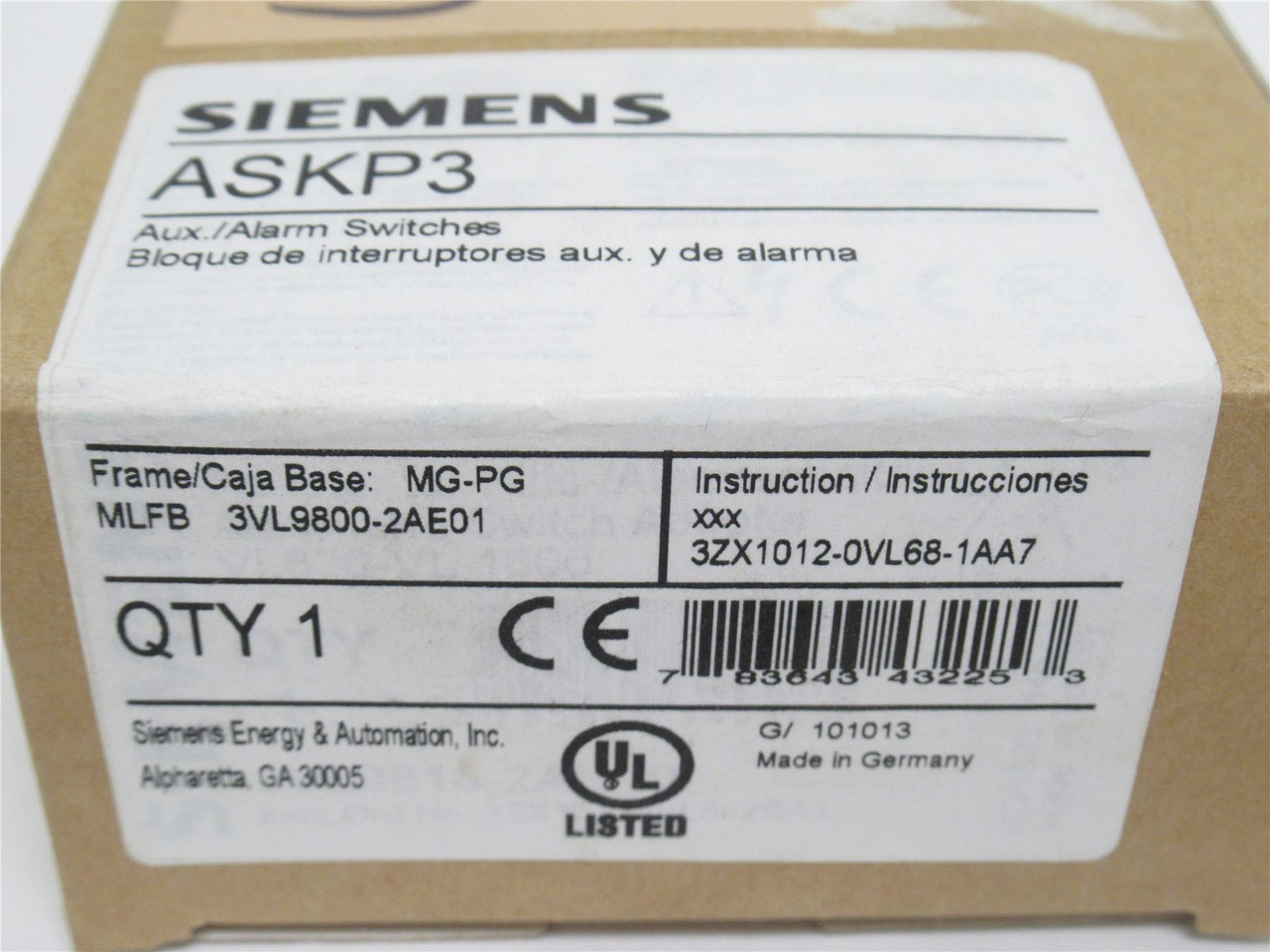 Siemens ASKP3; Auxiliary Alarm Switch; 2NO-2NC