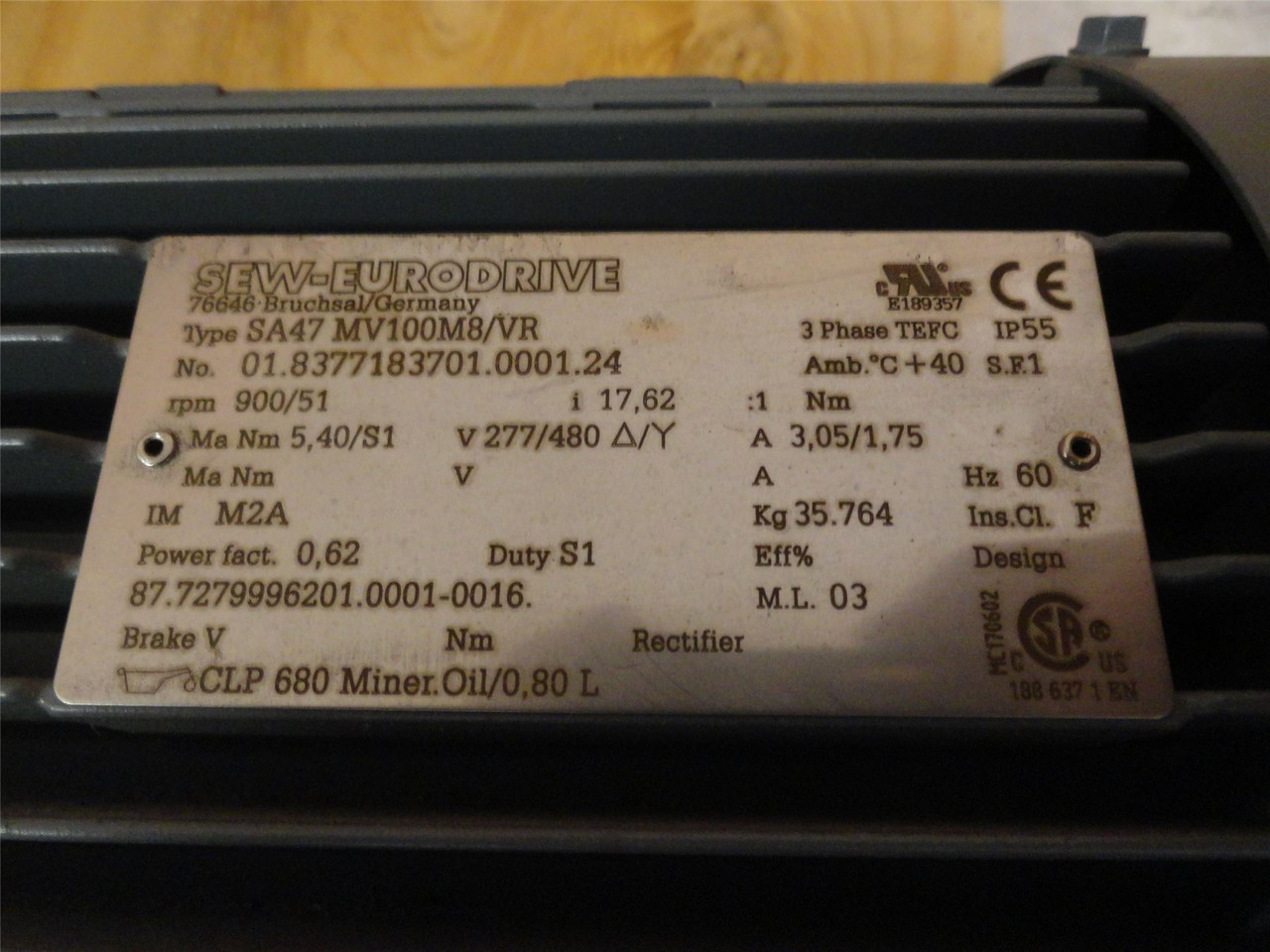 SEW SA47MV100M8/VR; Brake Gearmotor; 17.62:1 Ratio; 277/480VAC