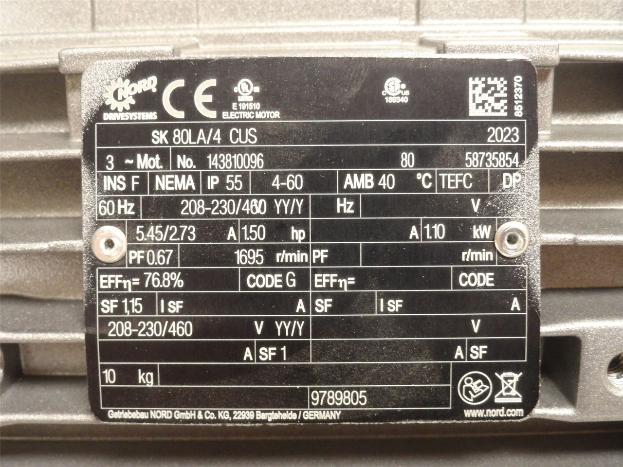 Nord SK80LA/4CUS; AC Motor 1-1/2HP 208-230/460V 1695RPM 3PH